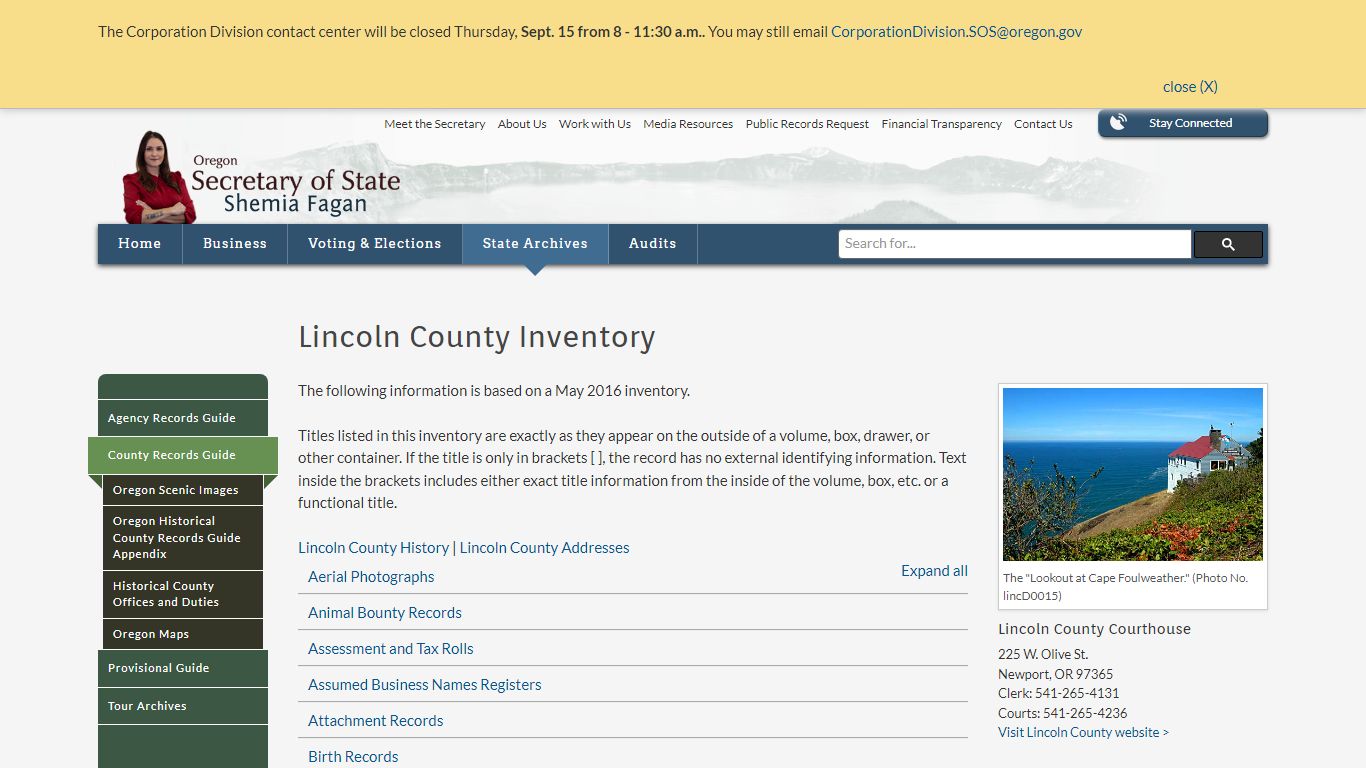 State of Oregon: County Records Guide - Lincoln County Inventory